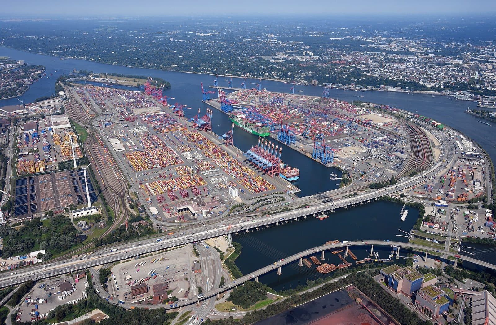 Aerial view of a container port and industrial waterfront
