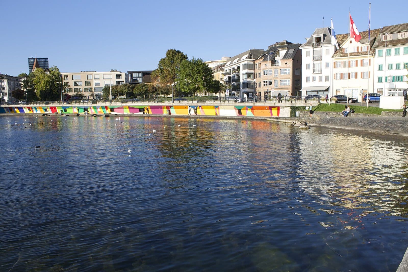 Lakeside promenade in Zug with Lake Zug and mountains