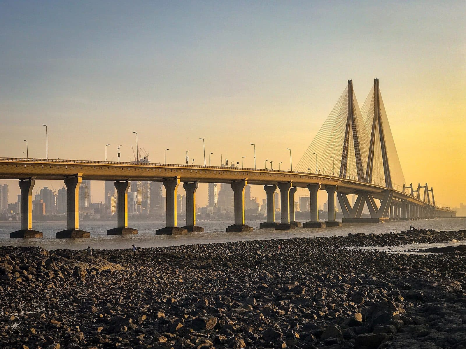 Cable-stayed sea bridge at sunrise